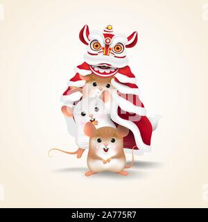 Little Rat or Mouse performs Chinese New Year Lion Dance with 2020 Happy Chinese New Year scroll. Isolated. Stock Vector