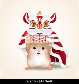 Little Rat or Mouse performs Chinese New Year Lion Dance with 2020 Happy Chinese New Year scroll. Isolated. Stock Vector