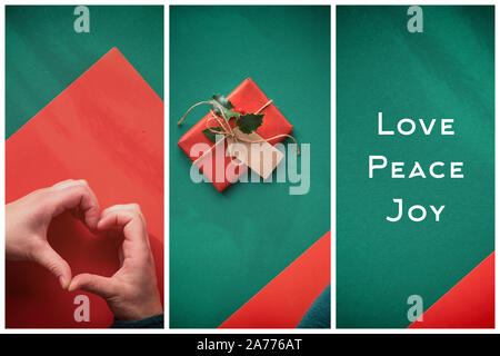 Creative collage of diagonal geometric flat lay on green and red paper with long shadows . Wrapped gift decorated with holly. Hands showing heart sign Stock Photo