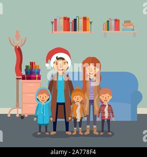 family members celebrating christmas in the livingroom Stock Vector