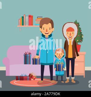 family members celebrating christmas in the livingroom Stock Vector