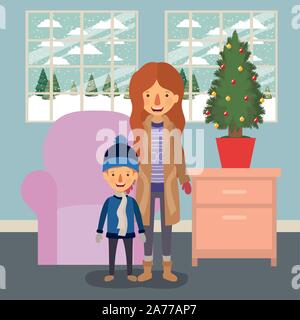 family members celebrating christmas in the livingroom Stock Vector