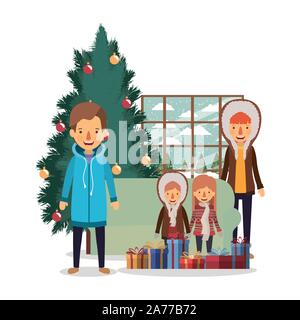 family members celebrating christmas with pine tree in the house Stock Vector