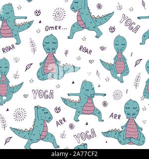 Dinosaur in yoga asanas, hand drawn vector seamless pattern Stock Vector