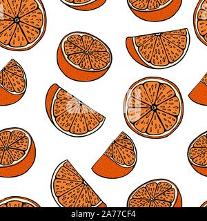 Handdrawn fruit seamless patter with orange, vector illustration, on white background Stock Vector