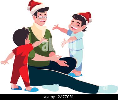 Father and son with santas hat design, Merry christmas season decoration card invitation celebration and holiday theme Vector illustration Stock Vector