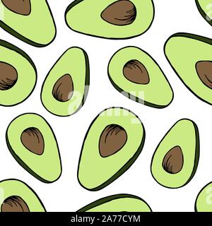 Handdrawn fruit seamless pattern with avocado, vector illustration, on white background Stock Vector