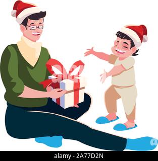Father and son with santas hat design, Merry christmas season decoration card invitation celebration and holiday theme Vector illustration Stock Vector