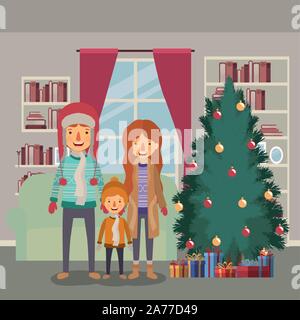 family members celebrating christmas with pine tree in the house Stock Vector