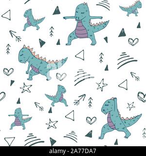 Dinosaur in yoga asanas, hand drawn vector seamless pattern Stock Vector