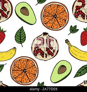 Handdrawn fruit seamless patter with set of fruit, vector illustration, on white background Stock Vector