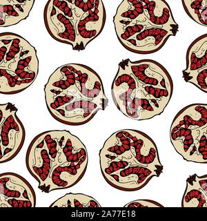 Handdrawn fruit seamless patter with pomegranate, vector illustration, on white background Stock Vector