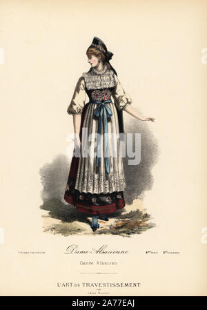 Fancy dress costume of an Alsatian woman, silk dress, lace bodice and  apron, ribbon belt, silk