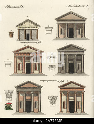 Classical architecture orders: original 1, Tuscan 2, Doric 3, Ionic 4, Corinthian 5 and Roman or Composite 6. Handcoloured copperplate engraving from Friedrich Johann Bertuch's Bilderbuch fur Kinder (Picture Book for Children), Weimar, 1792. Stock Photo