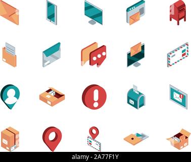 correspondence postal mail isometric icons set vector illustration Stock Vector