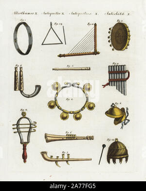 Ancient musical instruments: Egyptian sistrum 1, tambourines 2,3, cymbals 4, single and double fifes 5-8, pan pipes or syrinx 9, Greek sambuca or harp 10, sistrum of Isis 11, triangle 12, and cymbal with hammer 13. Handcoloured copperplate engraving from Friedrich Johann Bertuch's Bilderbuch fur Kinder (Picture Book for Children), Weimar, 1802. Stock Photo