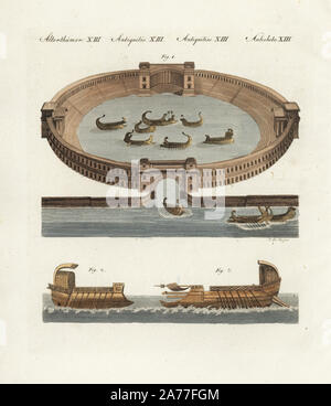 Ancient Roman naumachia with reenactment of famous sea battle in an ampitheatre between naval fleets of condemned prisoners 1. Galley with single row of oars 2, and bireme warship with two rows of oars 3. Handcoloured copperplate engraving by J.B. Hoessel from Friedrich Johann Bertuch's Bilderbuch fur Kinder (Picture Book for Children), Weimar, 1802. Stock Photo