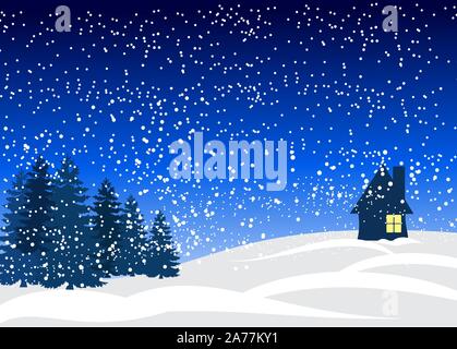 A house with chimney in snowy night vector background. A home on a cold snowy Christmas eve wallpaper. Snow fall at night Stock Vector