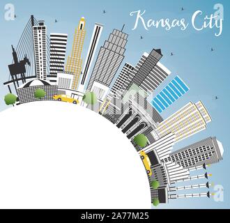 Kansas City Missouri Skyline with Color Buildings, Blue Sky and Copy Space. Vector Illustration. Business and Tourism Concept with Modern Architecture Stock Vector