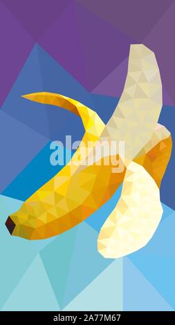 Peeled yellow banana low poly vector for 16:9 cell phone screen background Stock Vector