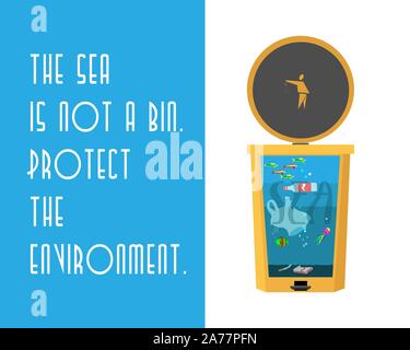 Environmental protection concept. The sea in the form of a garbage can and an inscription about the ban to throw garbage into the sea. Stock Vector