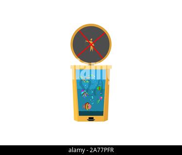 Environmental protection concept. The sea in the form of a garbage can and a sign about the prohibition of throwing garbage into the sea. Stock Vector