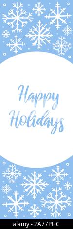 Vector hand drawn vertical banner with white snowflakes on blue background and copy space. Happy Holidays hand lettered text. Winter, New Year and Chr Stock Vector