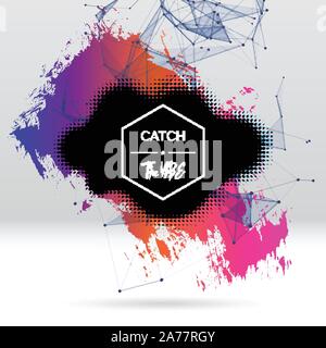 Background with brush stroke, blot, triangular grid and label Stock Vector