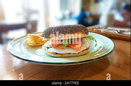 Breakfast - Toasted bagel with salmon Stock Photo