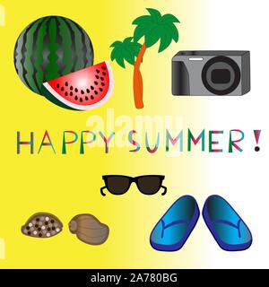 Things and objects on the summer theme isolated gradient yellow background. Stock Vector
