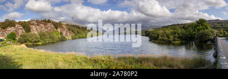 Panoramic view over Llyn Padarn, Snowdonia, North Wales on a sunny day Stock Photo