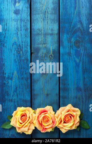 Romantic background with three orange rose flowers on blue wooden background Stock Photo