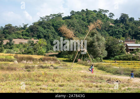 A bamboo swing that is constructed every Diwali Festival in Nepal. Stock Photo