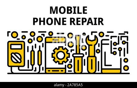 Mobile phone repair banner, outline style Stock Vector