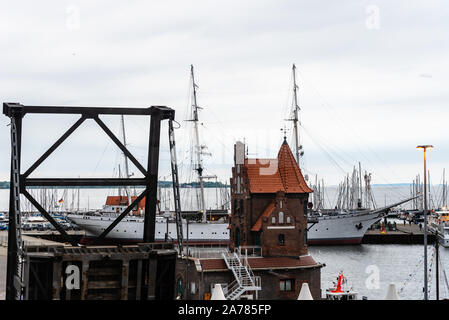 Stralsund, Germany - July 31, 2019: View of the harbour. Stralsund old town is a UNESCO World Heritage site Stock Photo