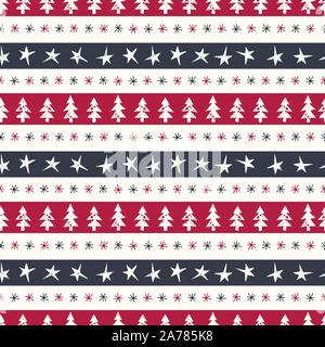 Christmas Rustic Festive Hand-Stamped Fir Trees, Snowflakes and Stars on Stripes on White Background Vector Seamless Pattern. Farmhouse Woodland Style Stock Vector