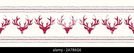 Rustic Hand-Stamped Red Textured Silhouettes of Deer Heads and Stripes of Stitches on White Background Vector Seamless Horizontal Pattern Border. Vers Stock Vector