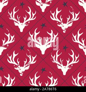 Rustic Hand-Stamped White Textured Deer Heads Silhouettes, Diagonal Stitches, and Stars on Red Background Vector Seamless Pattern. Versatile Farnhouse Stock Vector