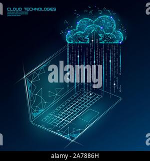 Cloud computing online storage low poly. Polygonal future modern internet business technology. Blue glowing global data information exchange available Stock Vector