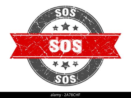 sos round stamp with red ribbon. sos Stock Vector