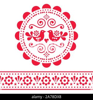 Scandinavian folk vector design pattern set - round and seamless design, cute floral ornament with birds in red on white background Stock Vector