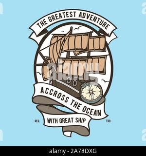 Vector illustration badge with great ship, design for tshirt, label, logo Stock Vector