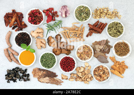 Super food collection for good health, vitality and fitness including herbs and spice used in natural and chinese herbal medicine. Flat lay. Stock Photo