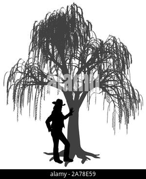 Young woman with hat leaning against a weeping willow tree. Woman leaned a hand on weeping willow tree. Young girl standing under weeping willow tree. Stock Photo