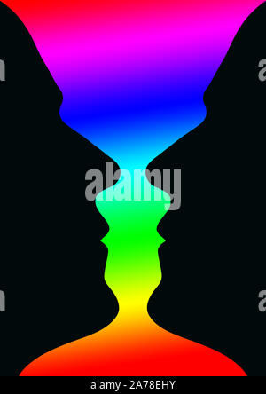 optical illusion of a vase with green & Black background or two people facing each other Stock Photo