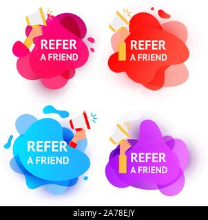 gradient color wave liquid shape bubbles with Refer a Friend message. Referral program inviting Stock Vector