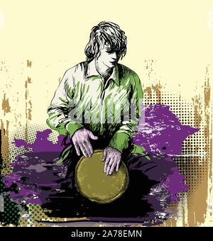 Man musician, drummer playing the djembe Stock Vector