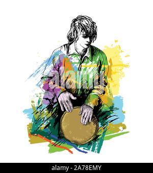Man musician, drummer playing the djembe Stock Vector