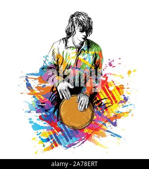 Man musician, drummer playing the djembe Stock Vector