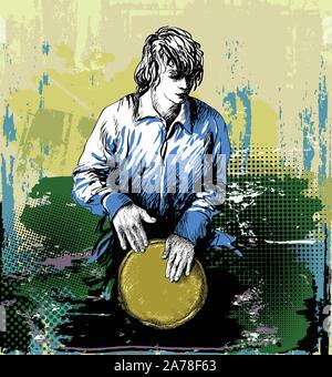 Man musician, drummer playing the djembe Stock Vector